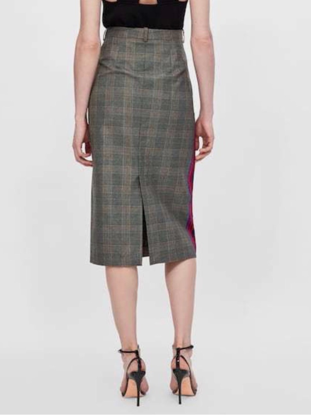 Zara Woman Grey Plaid Pencil Skirt with Red/Blue Side Stripe Sz M - Picture 7 of 10
